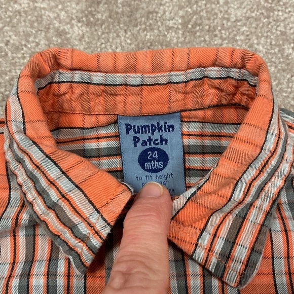 Pumpkin patch 24 months orange grey plaid roll tab sleeve button down - Picture 2 of 5